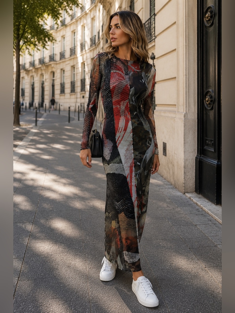 Desigual Abstract Print Mesh Maxi Dress Long Sleeve M